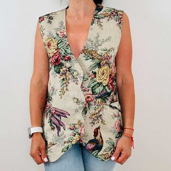 F. L. Malik Vintage 90s floral tapestry vest linen blend boho - Picture 4 of 11